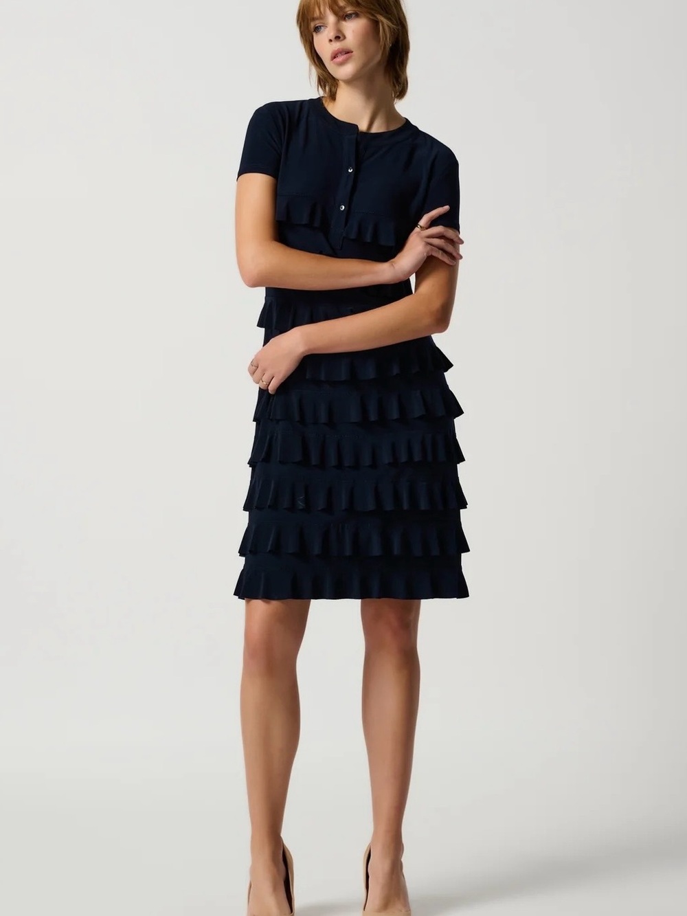 Joseph Ribkoff Navy Tiered Ruffle Knee-Length Skirt